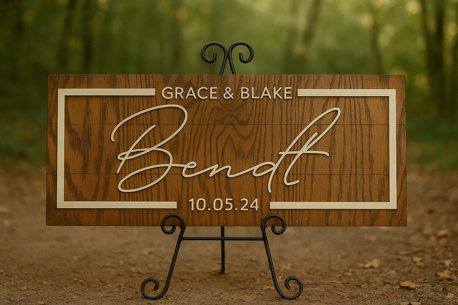 Wooden wedding sign with 'Grace & Blake Bendt' and date on a blurred natural background