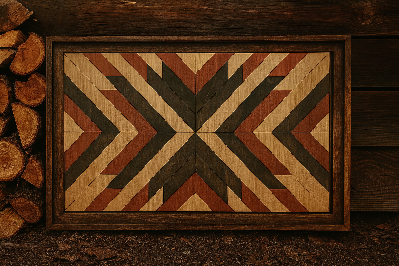 Wooden wall art with geometric pattern in a wooden frame, leaning against stacked logs.