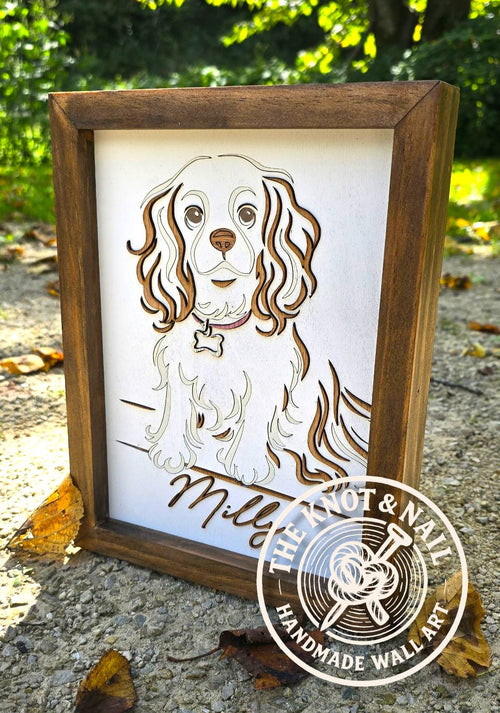 Framed dimensional wood artwork of a dog as a memorial with 'The Hot & Nail' logo in the corner.